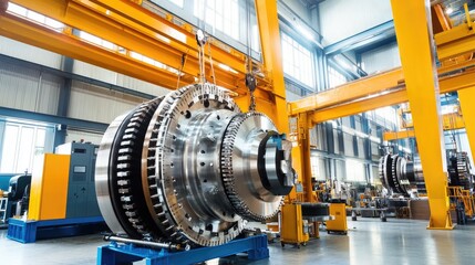 Poster - Custom-built cranes moving heavy machine parts within a fabrication facility