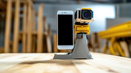 Poster - Digital survey tools and connected smartphone placed neatly on construction zone table