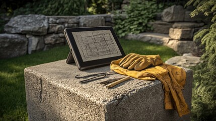 Poster - Digital tablet on concrete block displaying structural schematics, next to gloves and tools