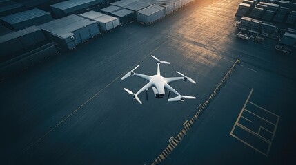 Poster - Drone capturing high-angle view of warehouse roofing for inspection purposes