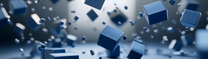 Poster - Abstract design of floating cubes in a space.