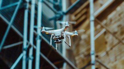 Poster - Drone flying through narrow scaffolding levels checking alignment and damage
