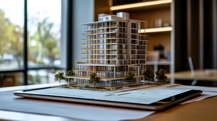 Poster - Engineering tablet with BIM software active on temporary workstation with building plans