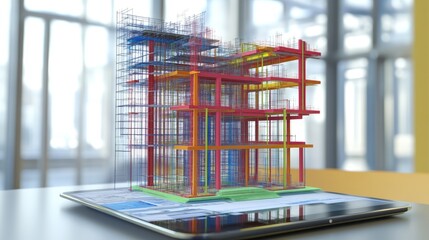 Poster - Engineering tablet with BIM software active on temporary workstation with building plans