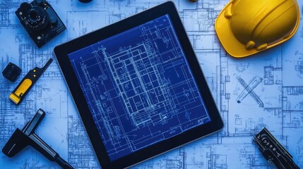 Poster - Engineering tablet with BIM software active on temporary workstation with building plans