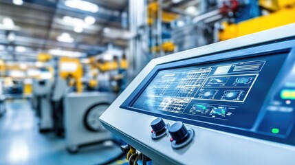 Poster - Factory control room monitoring real-time equipment assembly on digital dashboards