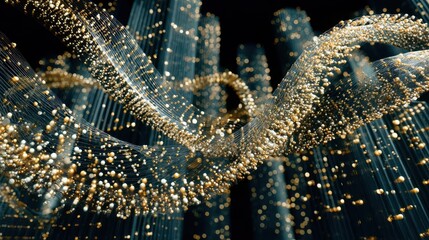 Poster - Abstract swirling shapes of particles against a dark background.