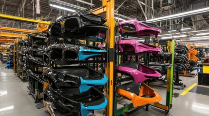 Poster - Factory area with painted steel parts drying on racks for construction vehicle assembly