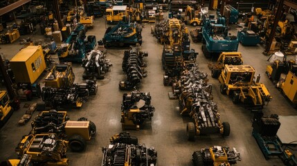 Poster - Factory floor organized with construction vehicle engines and chassis ready for assembly