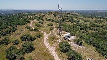 Poster - Flying drone near communication tower to check antenna alignment and mount