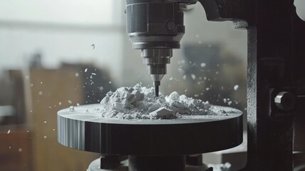 Poster - Heavy-duty drill press fabricating deep holes into solid machine-grade components