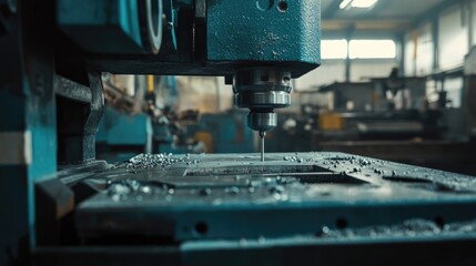 Poster - Heavy-duty drill press fabricating deep holes into solid machine-grade components