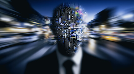 Poster - Digital Transformation: A modern individual merges with technology. a visualization of technological advancement, digital age, and futuristic society.