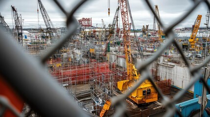 Poster - Manufacturing zone with partially built cranes surrounded by safety fencing