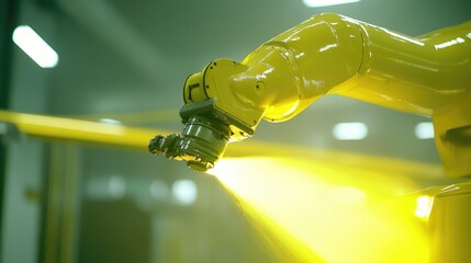 Poster - Paint spraying robot applying primer coat on steel panels for construction vehicle parts