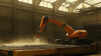 Poster - Paint spraying robot applying primer coat on steel panels for construction vehicle parts