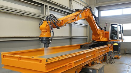 Poster - Paint spraying robot applying primer coat on steel panels for construction vehicle parts