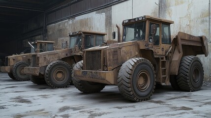 Poster - Partially assembled wheel loaders in a row awaiting engine installation