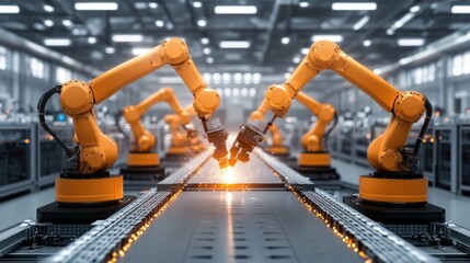 Poster - Robotic arms welding bulldozer parts on a high-tech production line