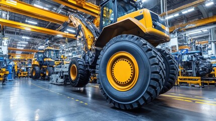 Poster - Robotic arm installing hydraulic hoses on a heavy construction vehicle in an assembly plant
