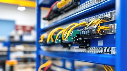 Poster - Shelves filled with wiring harnesses for excavator electrical systems