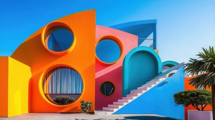 Poster - Vibrant Modern Architecture with Circular Windows and Staircase Design