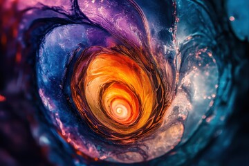 Poster - Swirling abstract tunnel in vibrant blue, purple, and glowing orange colors. Use it to illustrate journey, spirituality, or otherworldly concepts visually.