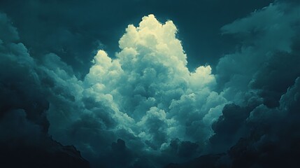 Wall Mural - turquoise cumulus clouds are illuminated from within against a dark stormy evening sky