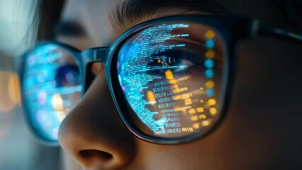 A person wearing glasses looks intently at a computer screen, reflecting blue light. Business and technology video concept