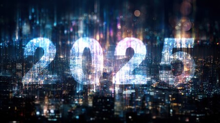 Poster - Futuristic Digital Cityscape with Glowing Numbers Representing Year 2025 Over a Vibrant Night Skyline with Abstract Light Patterns and Data Visualization