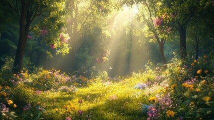 Wall Mural - sunlight streams through a flower-filled meadow in a lush, green forest. use this image to evoke fee