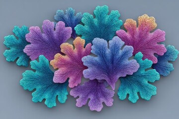 Poster - Abstract Pixelated Floral Composition Teal Purple Pink Orange Flowers on Gray