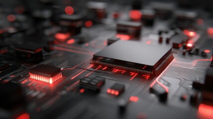 Poster - Abstract close-up view of a futuristic circuit board with glowing red lights and intricate details showcasing engineering and technology advancements