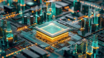 Poster - Futuristic Digital City Landscape with Neon Lights and High-Tech Circuitry in an Aerial View Showing Complexity and Innovation in Technology