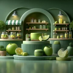 Poster - A Green Grocer's Dream: A Monochromatic Still Life Displaying Luscious Fruit, Jars, and Treats in a Serene, Stylized Setting