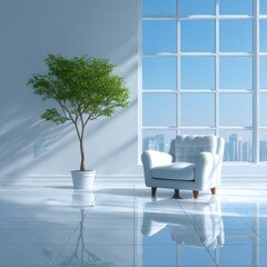 Aufkleber - Serene Interior with White Armchair, Green Potted Tree, Large Window, and Cityscape View on a Polished Tile Floor