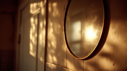 Poster - Soft Morning Light Reflected in a Blurred Bathroom Mirror on a Wall with Subtle Shadows and Warm Tones