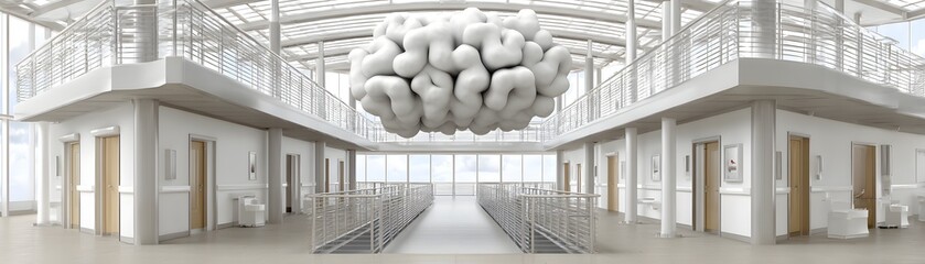 Poster - Against a futuristic backdrop, a digital cloud hovers above a healthcare setting, symbolizing the integration of cloud computing technology in managing health data. The image highlights innovation