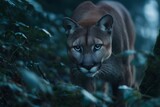 Stealthy Cougar Moving Through the Forest Undergrowth