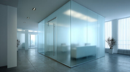 Poster - Modern Office Interior Featuring Frosted Glass Partition with Diffused Light for Contemporary Workspace Design