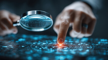 Poster - person examines digital interface with magnifying glass, highlighting specific point futuristic display. scene conveys sense