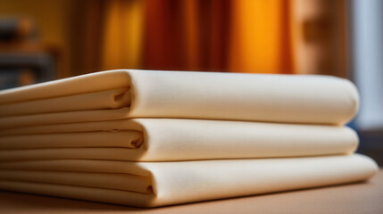 Poster - Soft Warm Ivory Muslin Fabric Stretched Flat for Creative Projects and Crafts in Cozy Interior Setting