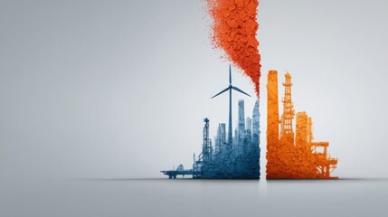 Poster - Factory with wind turbine and red flame symbolizing essential infrastructure investment in energy production sector