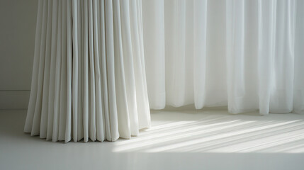 Poster - Soft Pleated White Curtain in Motion Capturing Elegant Light and Shadow Effects in a Bright Room