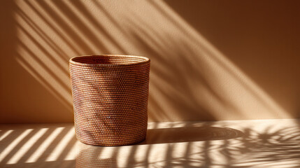Poster - Natural Rattan Basket in Warm Light with Shadows Against a Soft Background for Elegant Storage Solutions