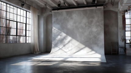 Poster - Light Gray Seamless Cyclorama Wall with Natural Light Streaming Through a Studio Space