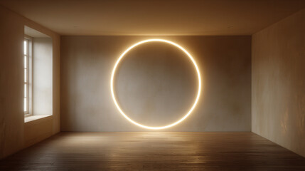 Poster - Smooth ivory studio wall with spotlight circle illuminating the serene indoor space creating a tranquil ambiance