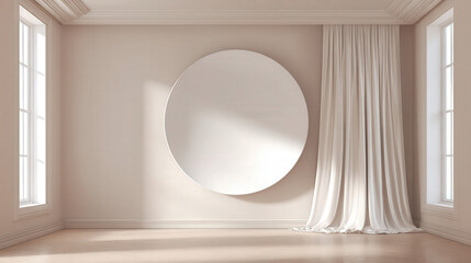 Poster - Smooth Ivory Studio Wall with Circular Mirror and Soft Curtain Accents Highlighting Minimalist Interior Design