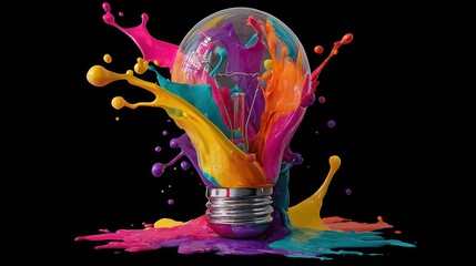 Poster - Colorful Explosion of Paint Surrounding a Light Bulb on a Black Background in an Artistic Representation of Creativity and Inspiration