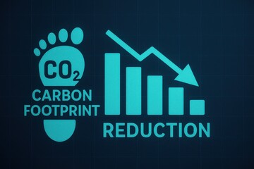 Poster - Carbon Footprint Icon with Arrow Graph and Text Illustrating Environmental Impact and Reduction Efforts